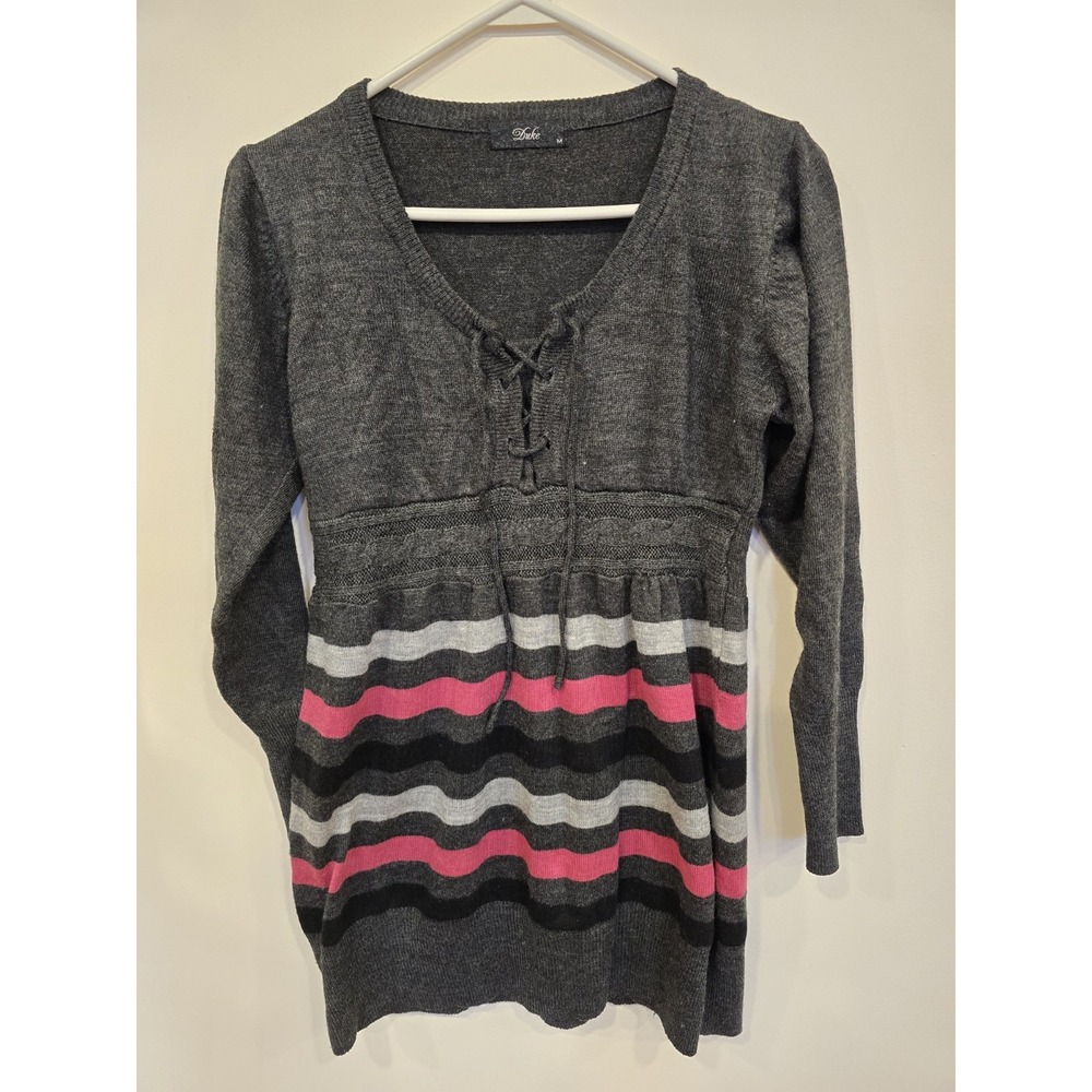 Duke Lace Up Knit Sweater Top Gray Pink Stripe Long‎ Sleeve Size M